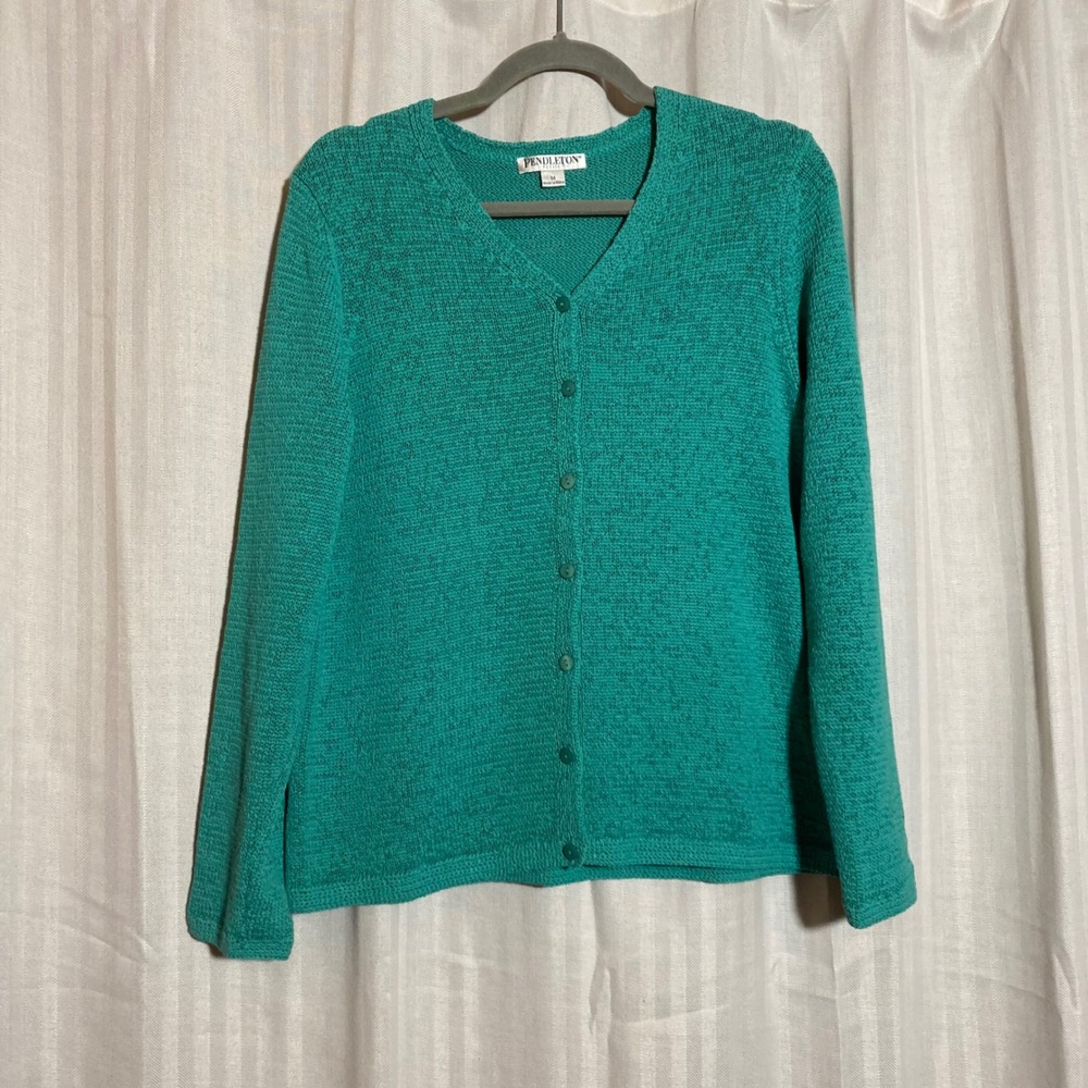 Pendleton Petite Women Green V-Neck Button Front Knit Cardigan Sweater M Preppy